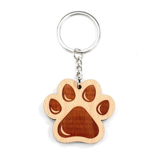 Personalised wooden keychain with paw print design and metal ring