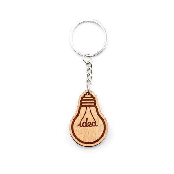 Personalised wooden keychain: Light bulb design with "Idea" engraving. DIY blank wood with metal ring.