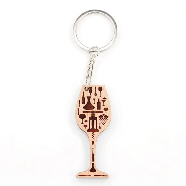 Personalised wooden keychain: Wine glass shape with laser-engraved wine-themed design and metal ring