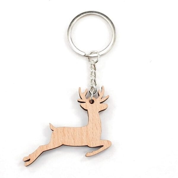 Personalised wooden keychain featuring a reindeer design with metal ring