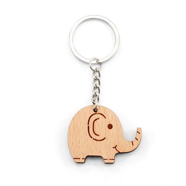 Personalised wooden keychain featuring a cute elephant design with metal ring