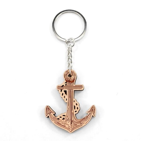 Personalised wooden keychain featuring a laser-engraved anchor design with metal ring and chain.