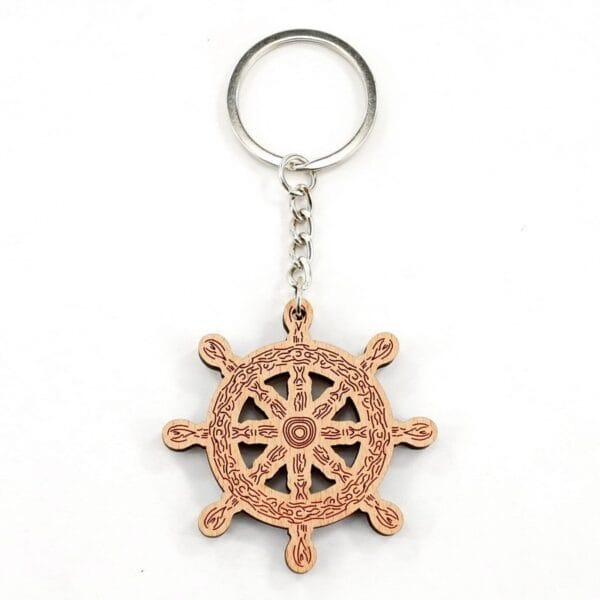 Personalised wooden keychain: Laser-engraved ship wheel design with metal ring. Perfect for DIY Christmas crafts.