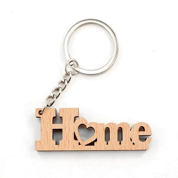 Personalised wooden keychain with "Home" design. Laser-engraved wood keychain with metal ring.