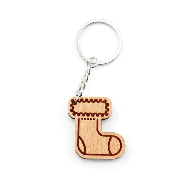 Personalised wooden keychain: Christmas stocking design, laser-engraved wood with metal ring