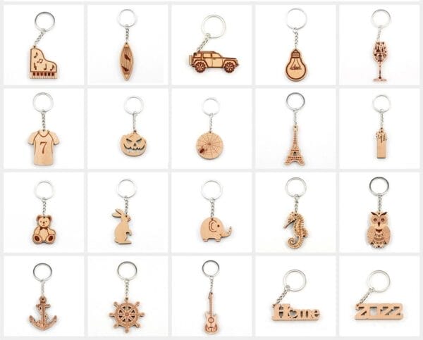 Personalised wooden keychain: Laser-engraved wood keychains with various designs, perfect for DIY projects or gifts.