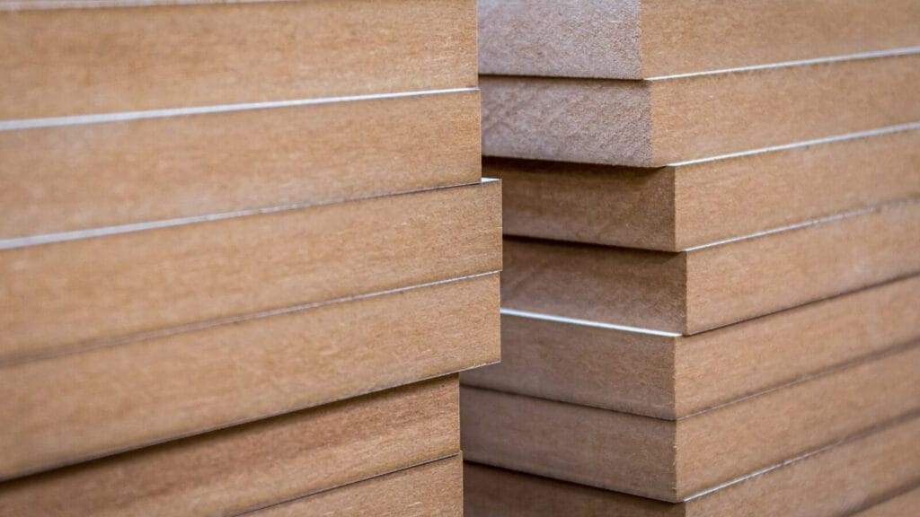 What’s MDF Wood? Stacked sheets of medium-density fiberboard (MDF) wood.