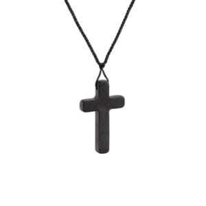 Men's black wooden cross necklace on black cord.