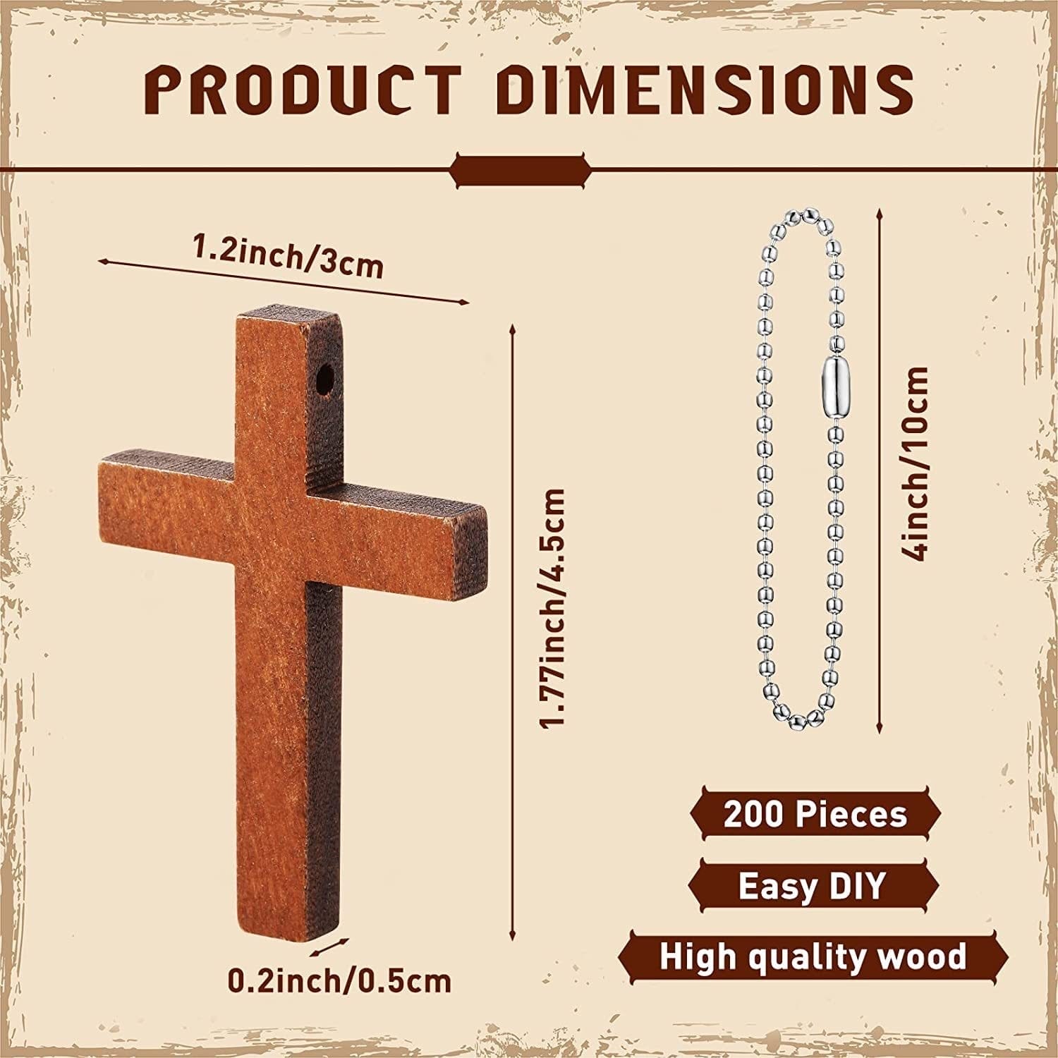 Small wooden cross with beaded chain, dimensions shown: 1.2" x 1.77", perfect for Easter decor & DIY projects.