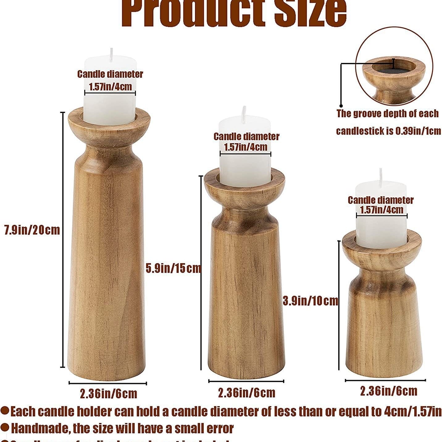 Wooden candle holders: Set of three varying height candlestick holders for wholesale.