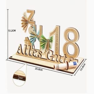 Wooden 18th Birthday Decoration: "Alles Gute" wood alphabet letters with money slots, perfect for a gift.