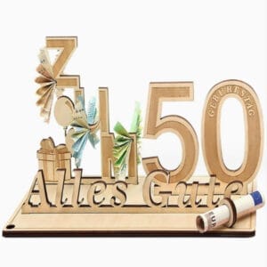 50th Birthday Wood Decoration: Personalized wooden "Alles Gute" 50th birthday keepsake with cash inserts. Features wood alphabet letters and numbers.
