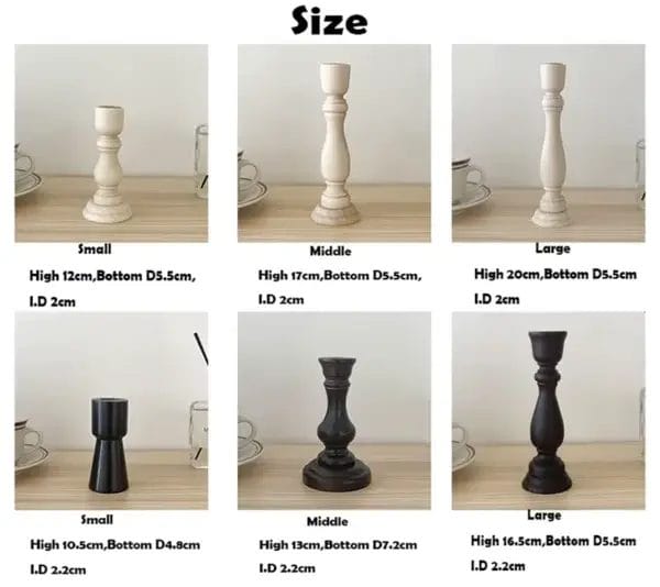 Wood taper candle holders in small, medium, and large sizes. Available in natural and black finishes.