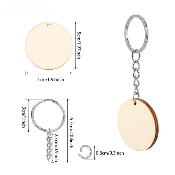 Wooden keyring blank with metal ring and chain, dimensions shown: 5cm circle, 5.3cm total length