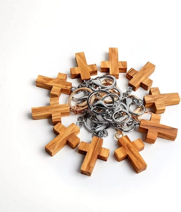 Olive Wood Cross Keychain — Engraved & Customizable Metal Ring for School Arts and Crafts