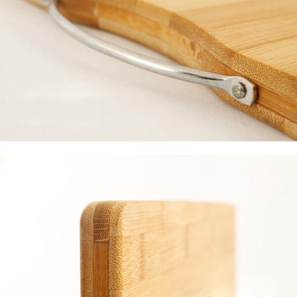 Bamboo cutting board with a silver handle. Wholesale kitchen cutting boards available.