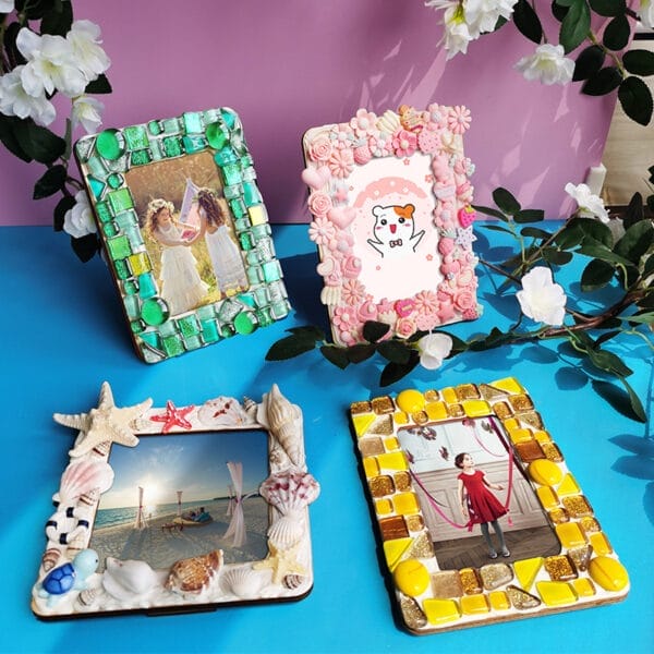 Four DIY mosaic and seashell photo frames; 5-7 inch blank wood frames wholesale.