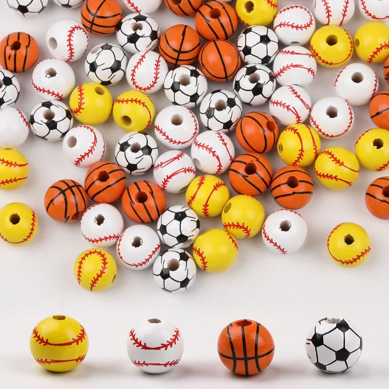 Colorful DIY sports bulk wooden beads; basketball, baseball, soccer. Perfect for crafting!