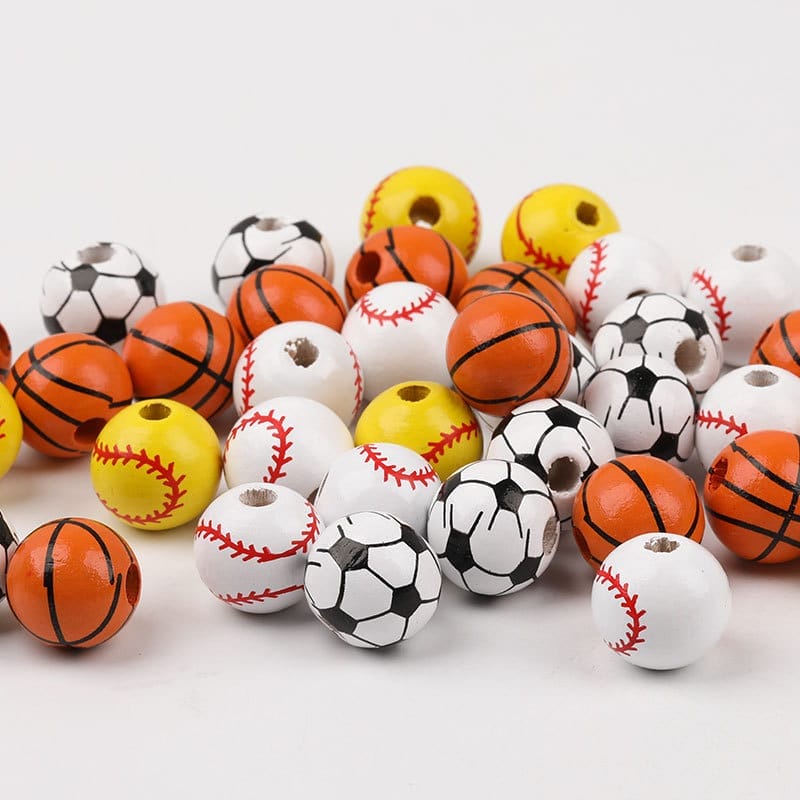 Colorful sports ball-themed wooden beads for DIY crafts. Great for jewelry making!