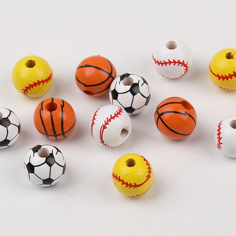 Colorful sports ball-themed wooden beads for DIY crafts. Great for jewelry making!