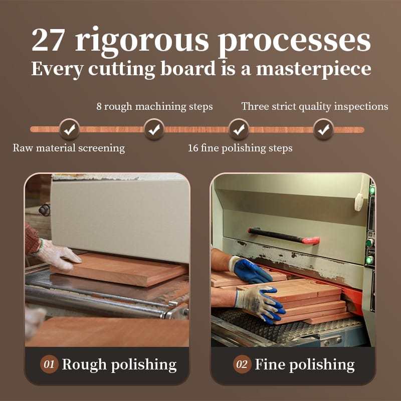 Manufacturing process of cherry wood cutting boards. Workers polish high-quality cherry wood.
