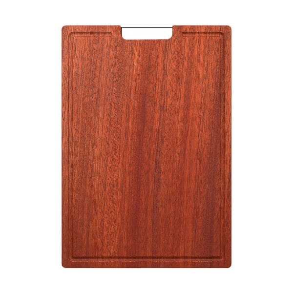 Rectangular cherry wood cutting board with a handle.