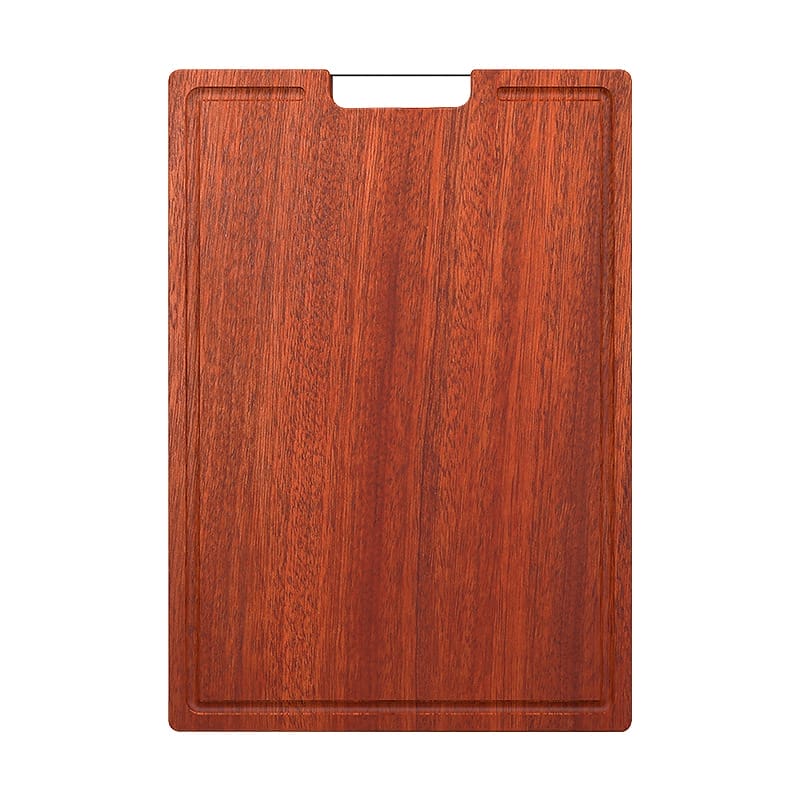 Rectangular cherry wood cutting board with a handle.