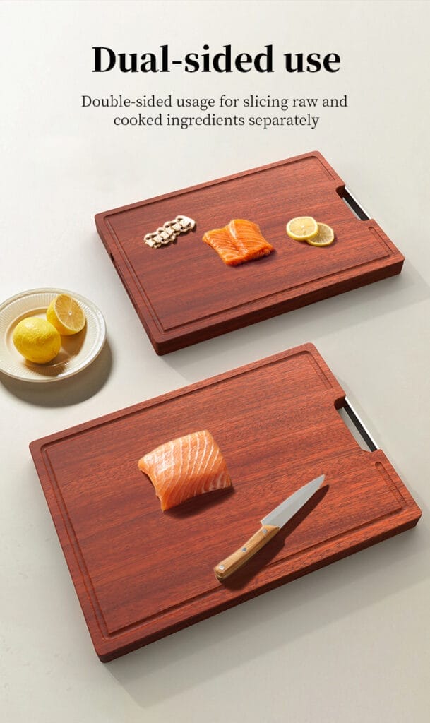 Dual-sided cherry wood cutting board, ideal for prepping raw and cooked ingredients separately. Features a sleek, modern design.