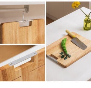 Wooden chopping board with hanging hook and side handles, ideal for kitchen use.
