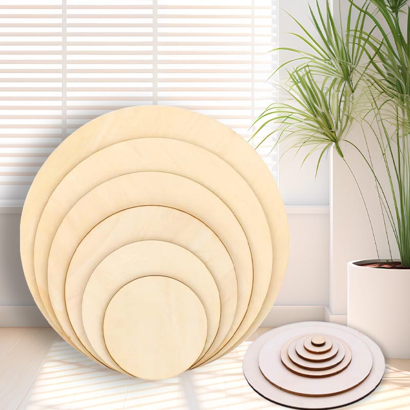 Set of circle wood pieces, perfect for crafts or DIY projects. Wholesale wooden boards available.