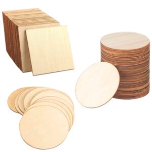 Bulk Pack of Circle and Square Wood Pieces: Perfect for crafts, these unfinished wooden circles and squares are ideal for DIY projects.