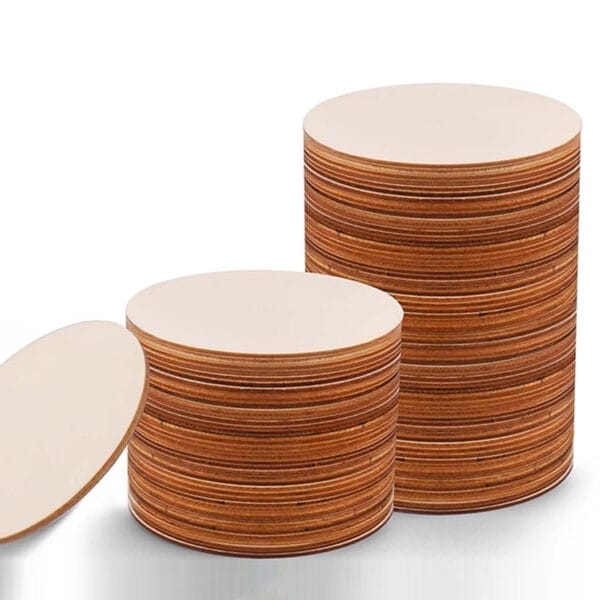 Stacked round wooden pieces, varying sizes, ideal for crafts or wholesale.