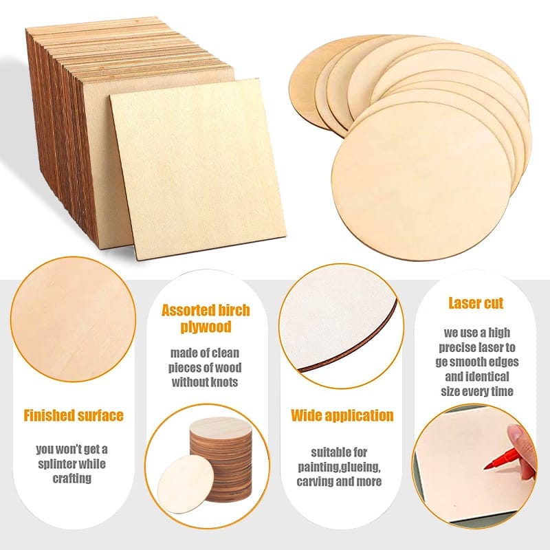Birch plywood circles and squares, laser cut, perfect for crafts. Wholesale wooden boards available.