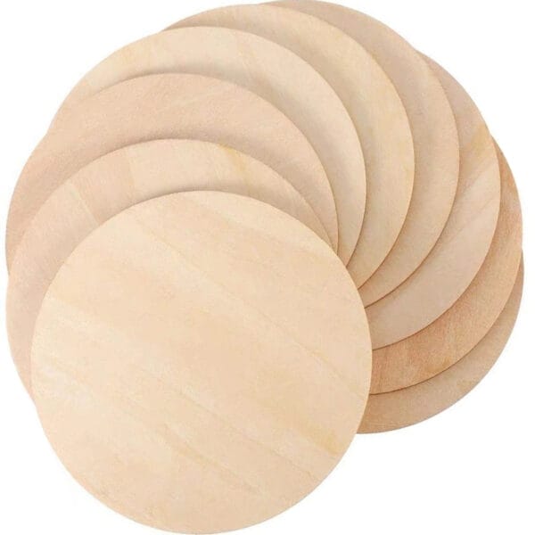 Stack of round, unfinished wooden circles, perfect for crafts or wholesale.
