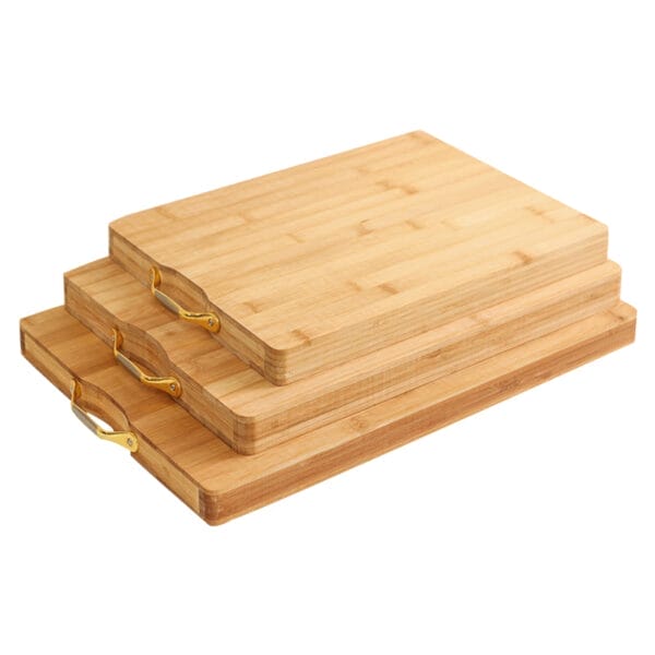 Three stacked bamboo cutting boards with gold handles. Eco-friendly, wholesale options available.