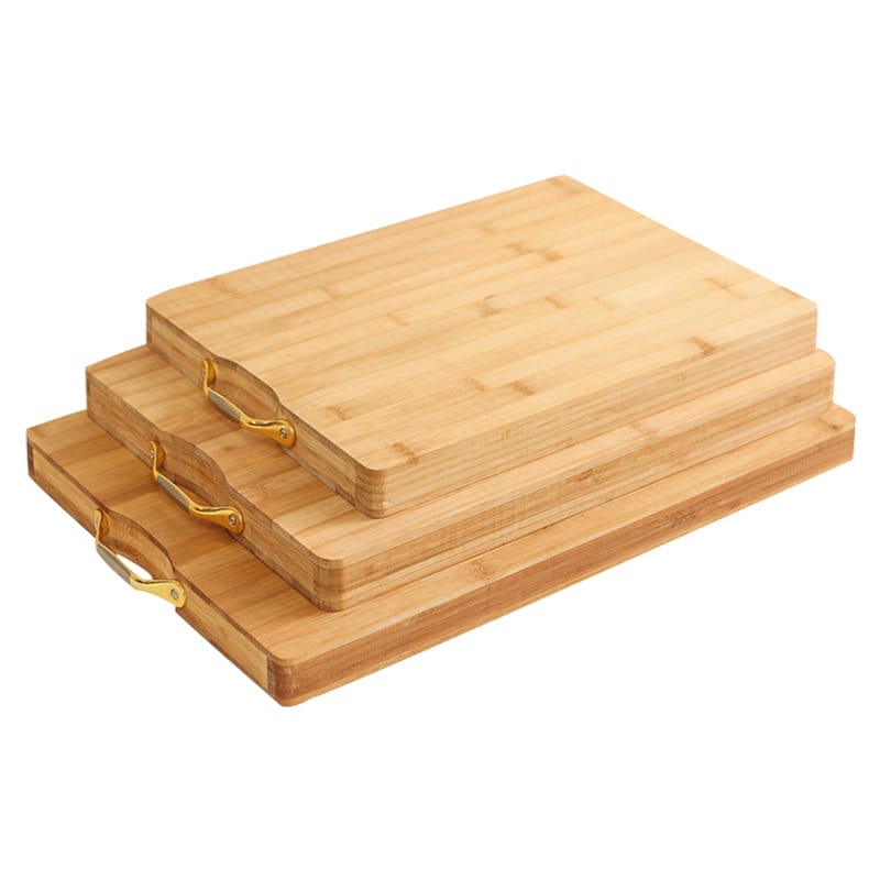 Three stacked bamboo cutting boards with gold handles. Eco-friendly, wholesale options available.