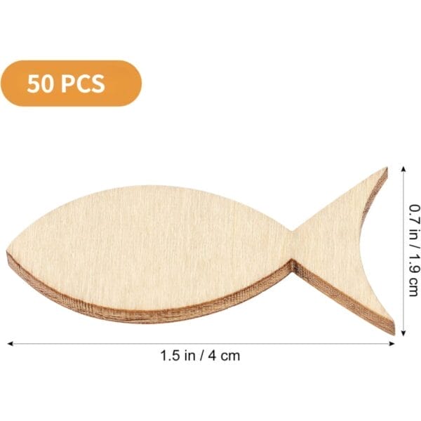 Fifty wooden fish-shaped craft pieces, 1.5" x 0.77". Ideal for DIY projects.