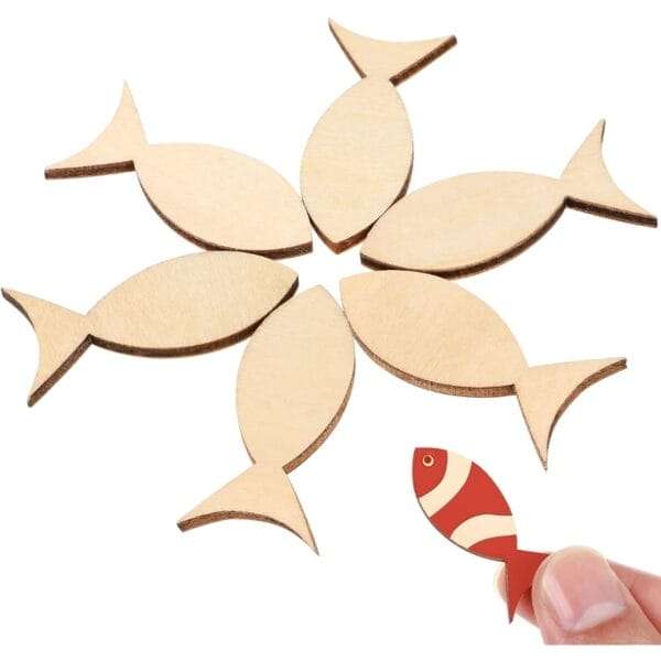 Wooden fish shapes; one red fish stands out amongst the others. Custom cut wood pieces for decoration.
