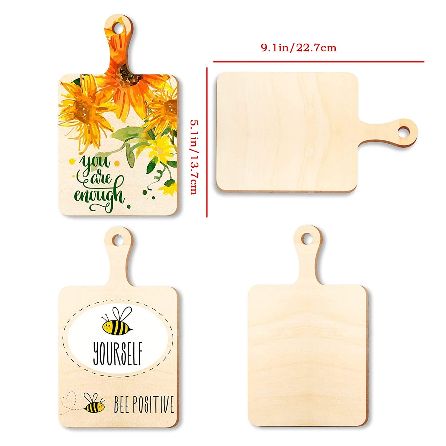 Three custom laser wood cutouts; one features sunflowers and the text "you are enough," another shows a bee and the text "bee positive," and the third is blank, perfect for DIY painting and crafting.
