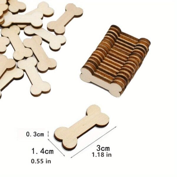 Wooden dog bone cutouts: wholesale supplier offering custom shapes and sizes. 1.4cm x 3cm.