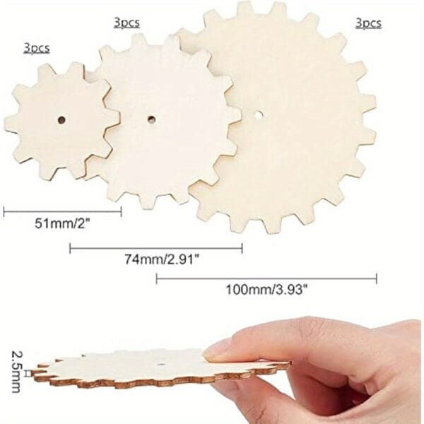 Three wooden gears of varying sizes, perfect for crafting and decorative projects. Hand-painted wooden pieces.