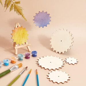 Hand-painted wooden gears and custom wood cutouts, perfect for craft projects. Includes paint and easel.