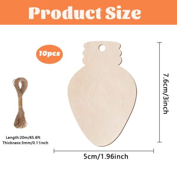 Ten wooden lightbulb ornaments, 7.6cm tall, 5cm wide, with twine. Wholesale custom wood cutouts.