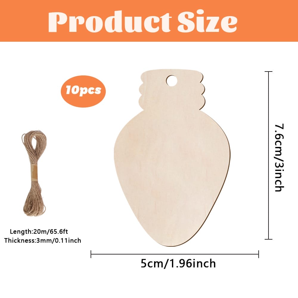 Ten wooden lightbulb ornaments, 7.6cm tall, 5cm wide, with twine. Wholesale custom wood cutouts.