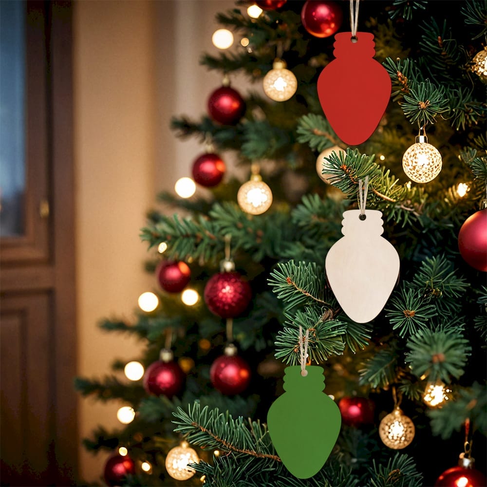 Custom wood cutout Christmas ornaments hanging on a decorated tree. Wholesale wooden hanging ornaments.