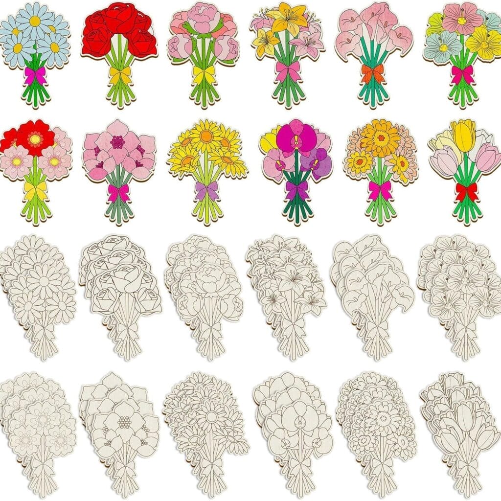 Assortment of 24 custom wooden cutouts flower bouquet cutouts, perfect for wood painting decorations.