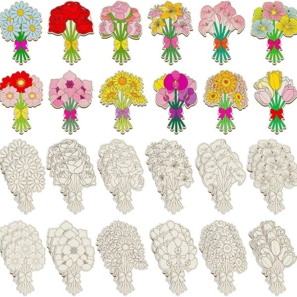Assortment of 24 custom wooden cutouts flower bouquet cutouts, perfect for wood painting decorations.