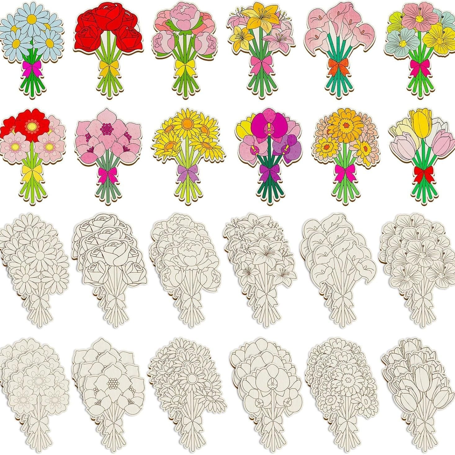 Assortment of 24 custom wooden cutouts flower bouquet cutouts, perfect for wood painting decorations.