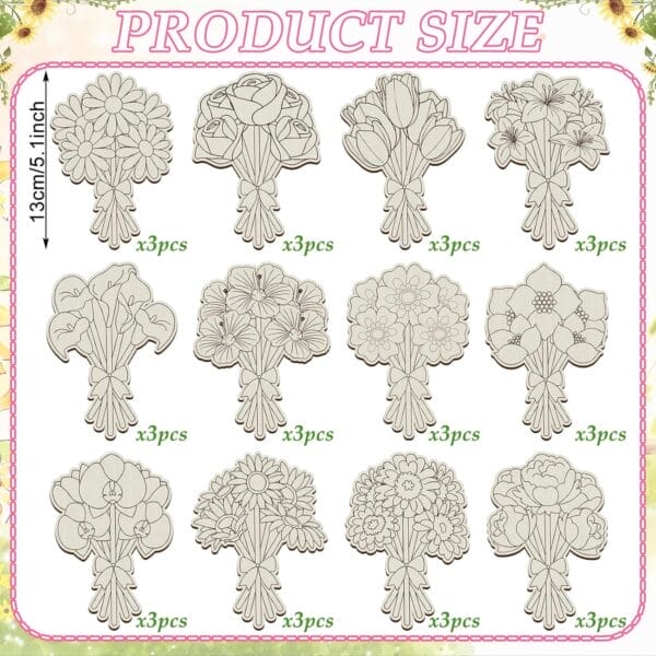 Twelve designs of flower bouquet wooden cutouts, 13cm, for painting and crafting. Custom wood cutout supplier.