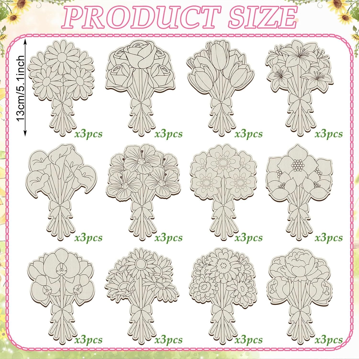 Twelve designs of flower bouquet wooden cutouts, 13cm, for painting and crafting. Custom wood cutout supplier.